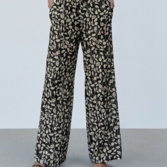 Zara Metallic Striped Floral Wide Leg Semi Sheer Pants Sz S Boho Festival Flowy - Picture 2 of 12